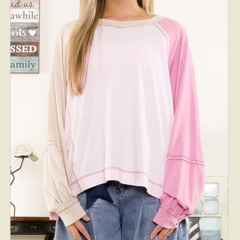 🌼 Blue Velvet “ Camilla “ Blue Velvet COLOR BLOCK RELAX FIT TOP in PINK 39